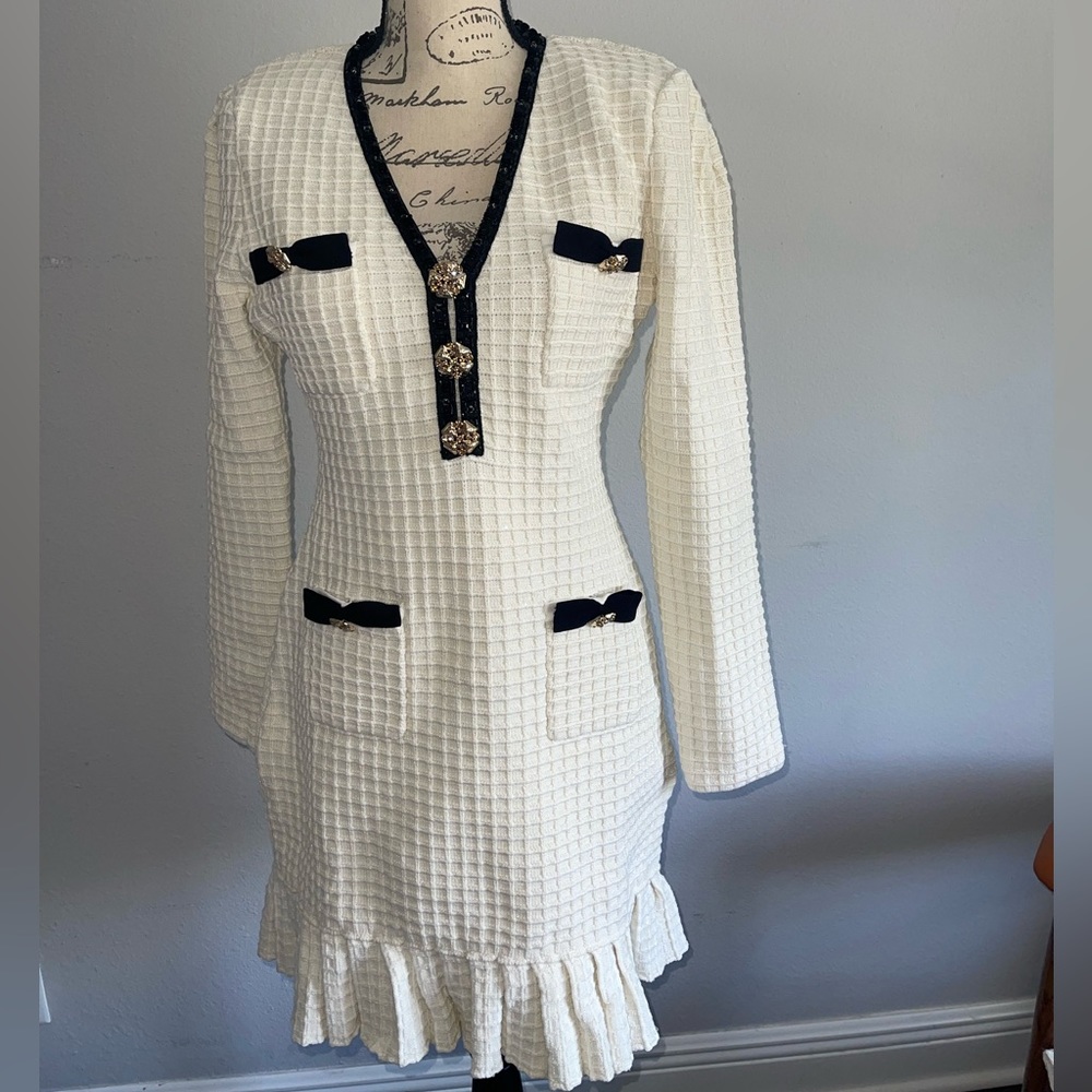 SELF PORTRAIT 
White black trim towelette SEQUINED MINI DRESS